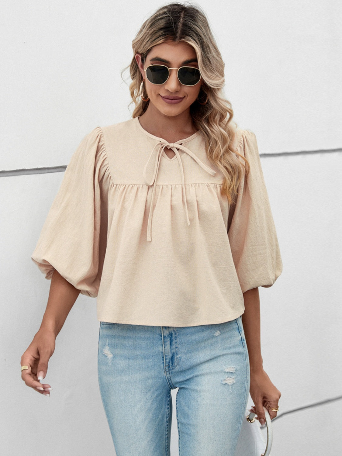Tie Neck Balloon Sleeve Blouse - AllIn Computer