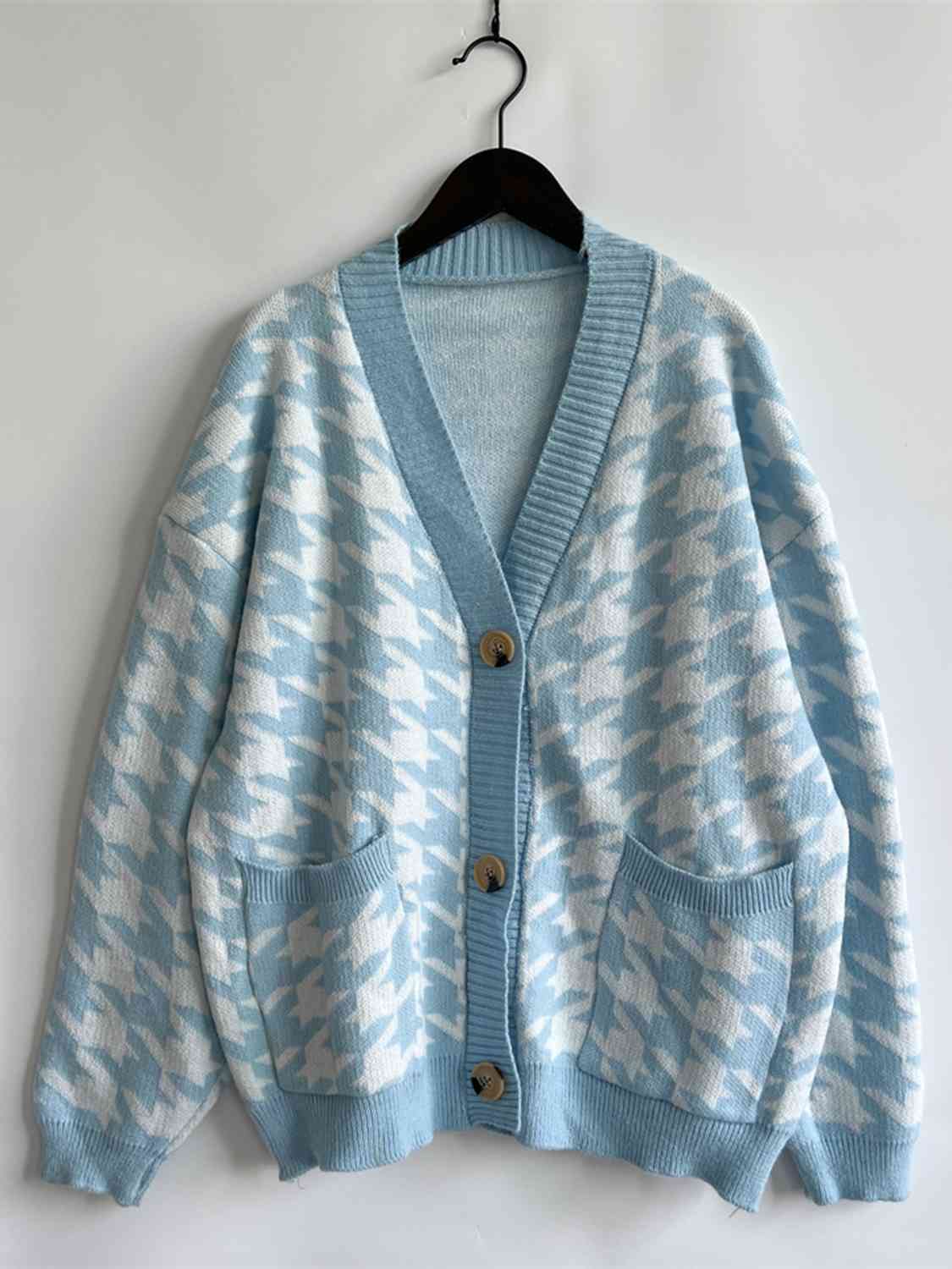Houndstooth Botton Front  Cardigan with Pockets - AllIn Computer