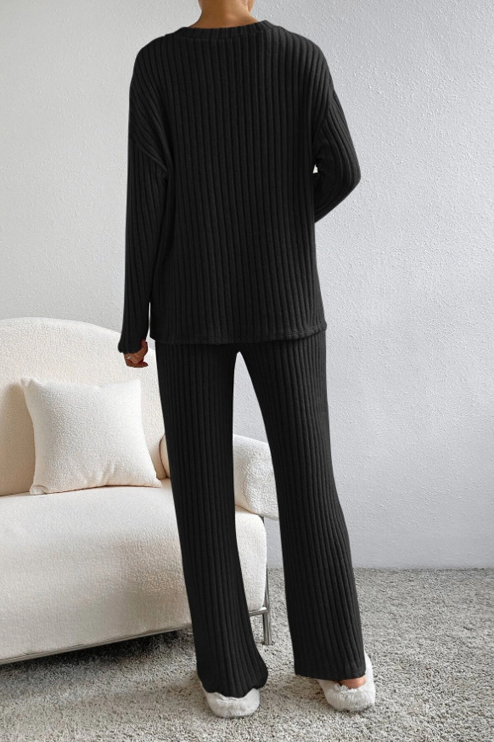 Ribbed V-Neck Top and Pants Set - AllIn Computer