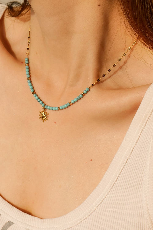 Turquoise Beaded 18K Gold-Plated Sun Shape Pendant Necklace - AllIn Computer