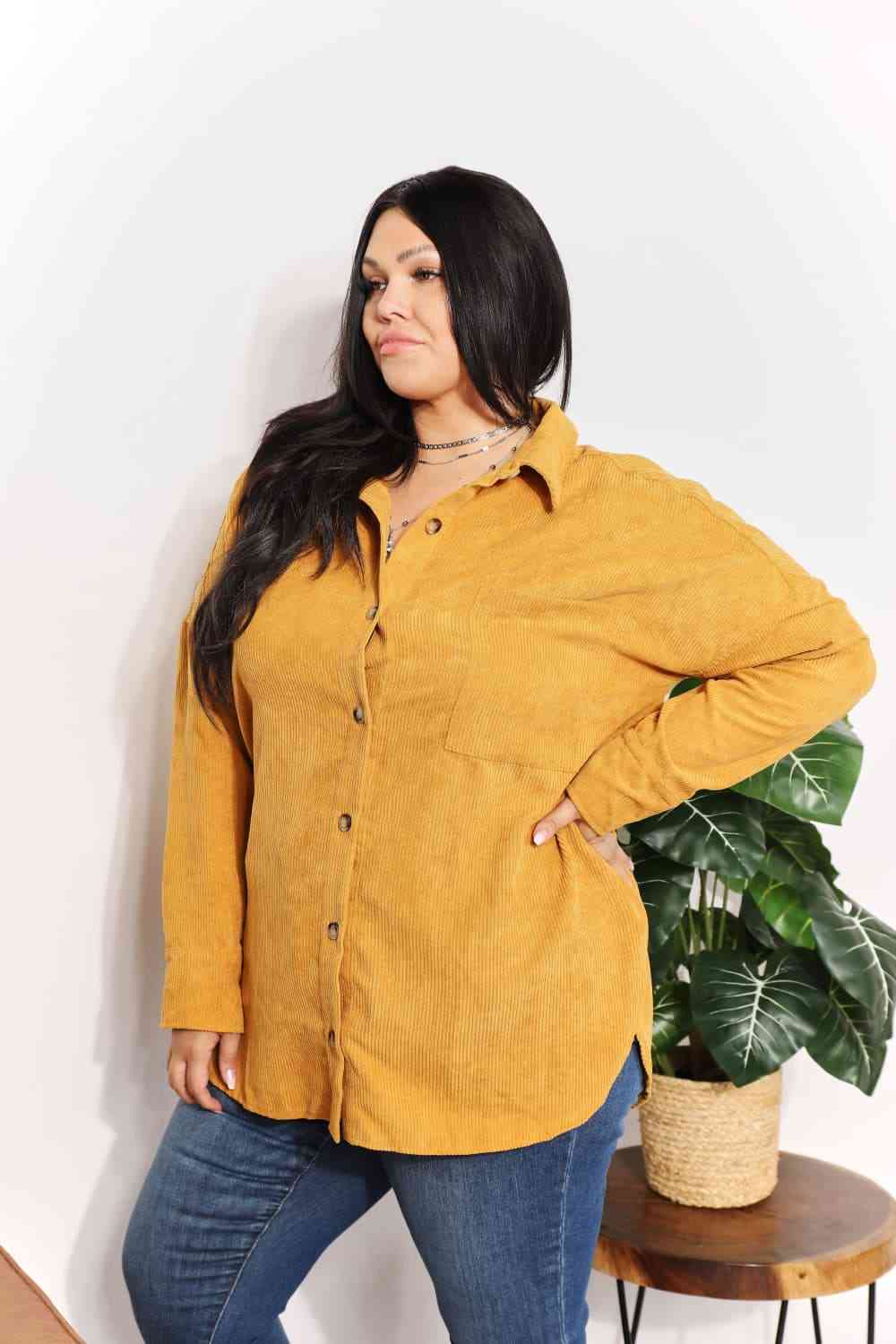 HEYSON Full Size Oversized Corduroy  Button-Down Tunic Shirt with Bust Pocket - AllIn Computer