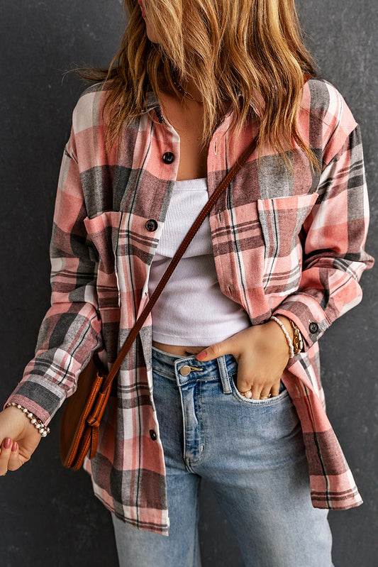 Double Take Plaid Dropped Shoulder Longline Shirt - AllIn Computer