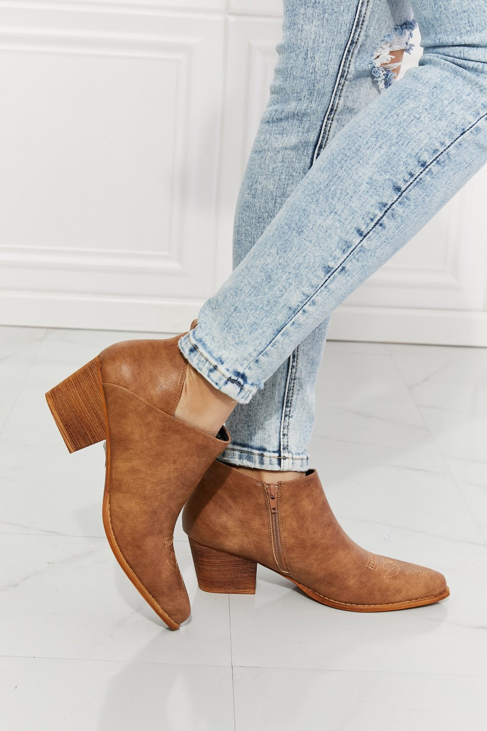 MMShoes Trust Yourself Embroidered Crossover Cowboy Bootie in Caramel - AllIn Computer