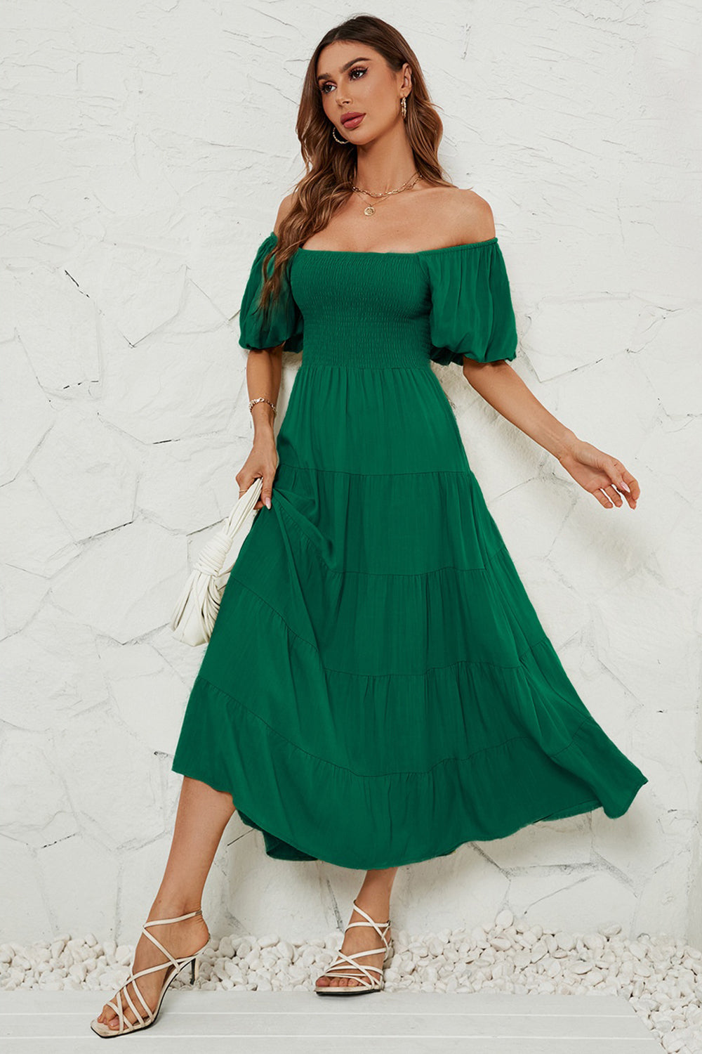 Smocked Square Neck Puff Sleeve Dress - AllIn Computer