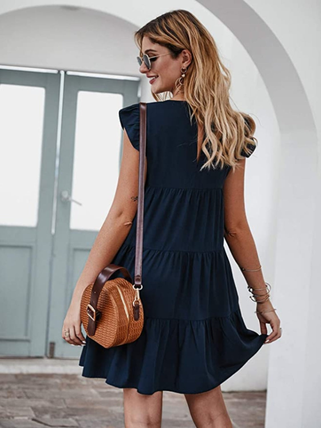 Ruffled Round Neck Cap Sleeve Mini Dress - AllIn Computer