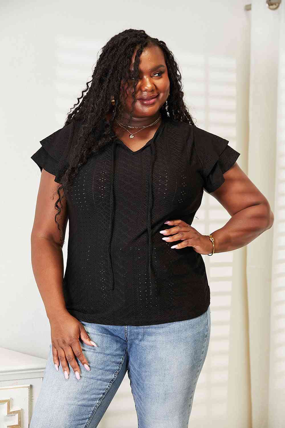 Double Take Eyelet Tie-Neck Flutter Sleeve Blouse - AllIn Computer