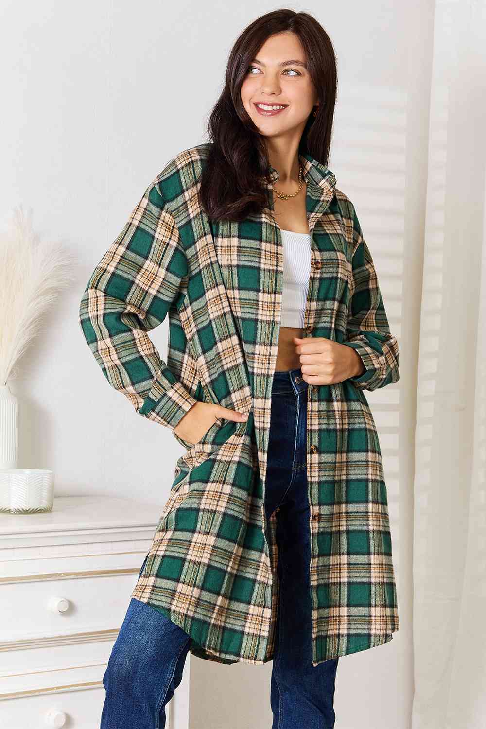 Double Take Plaid Collared Neck Long Sleeve Shirt - AllIn Computer