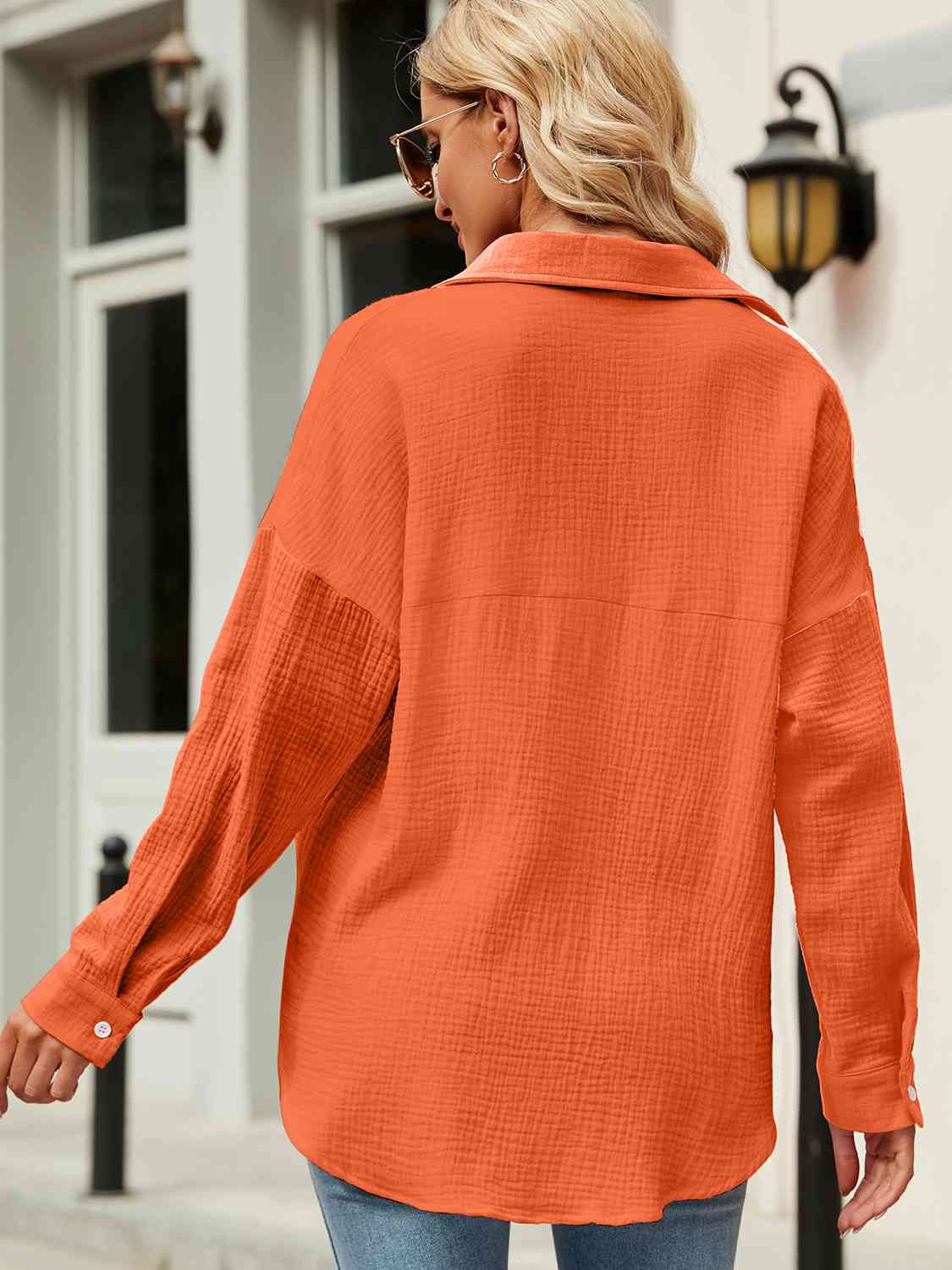 Button Up Collared Neck Drop Shoulder Shirt - AllIn Computer