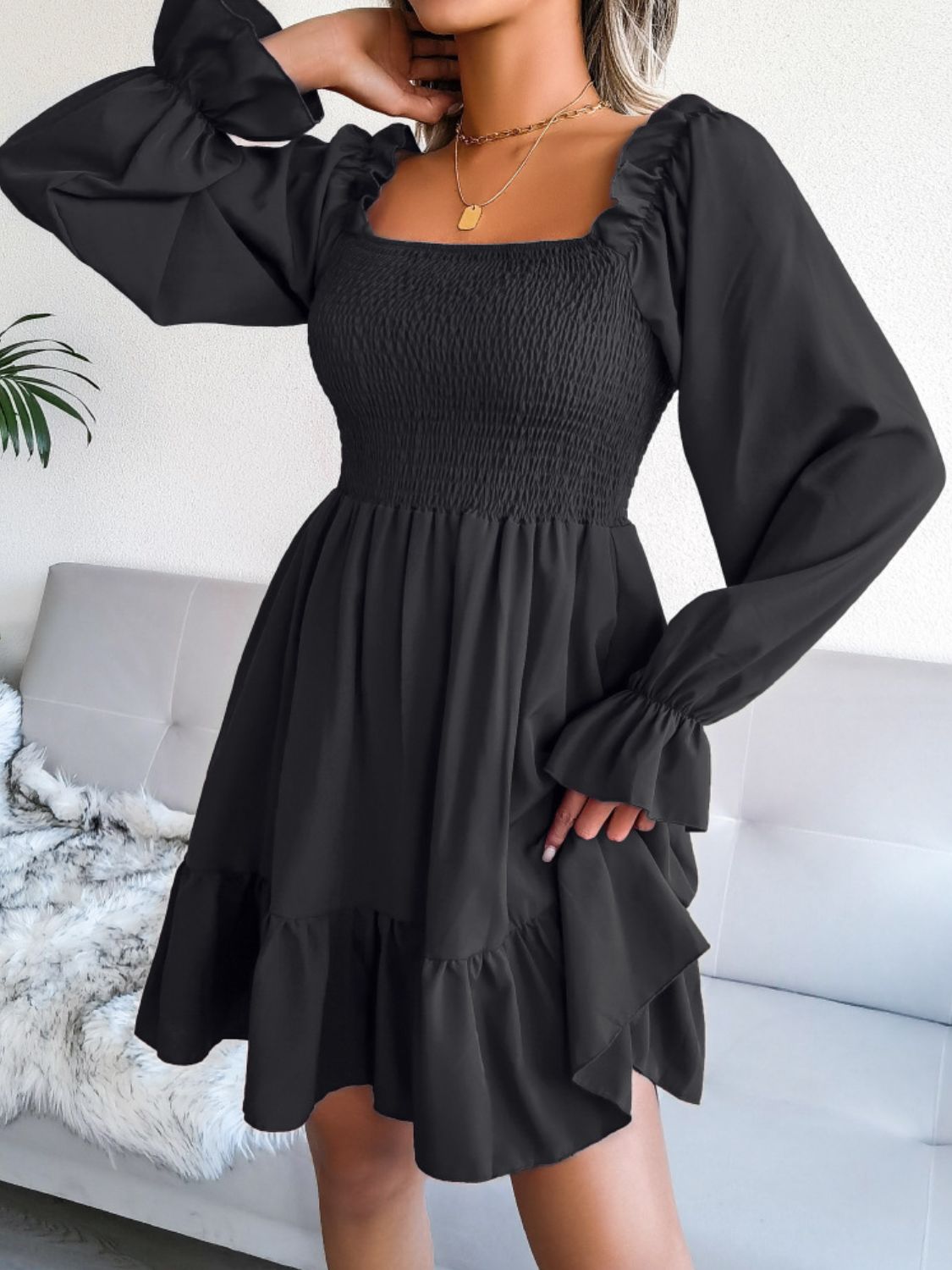 Smocked Flounce Sleeve Square Neck Dress - AllIn Computer
