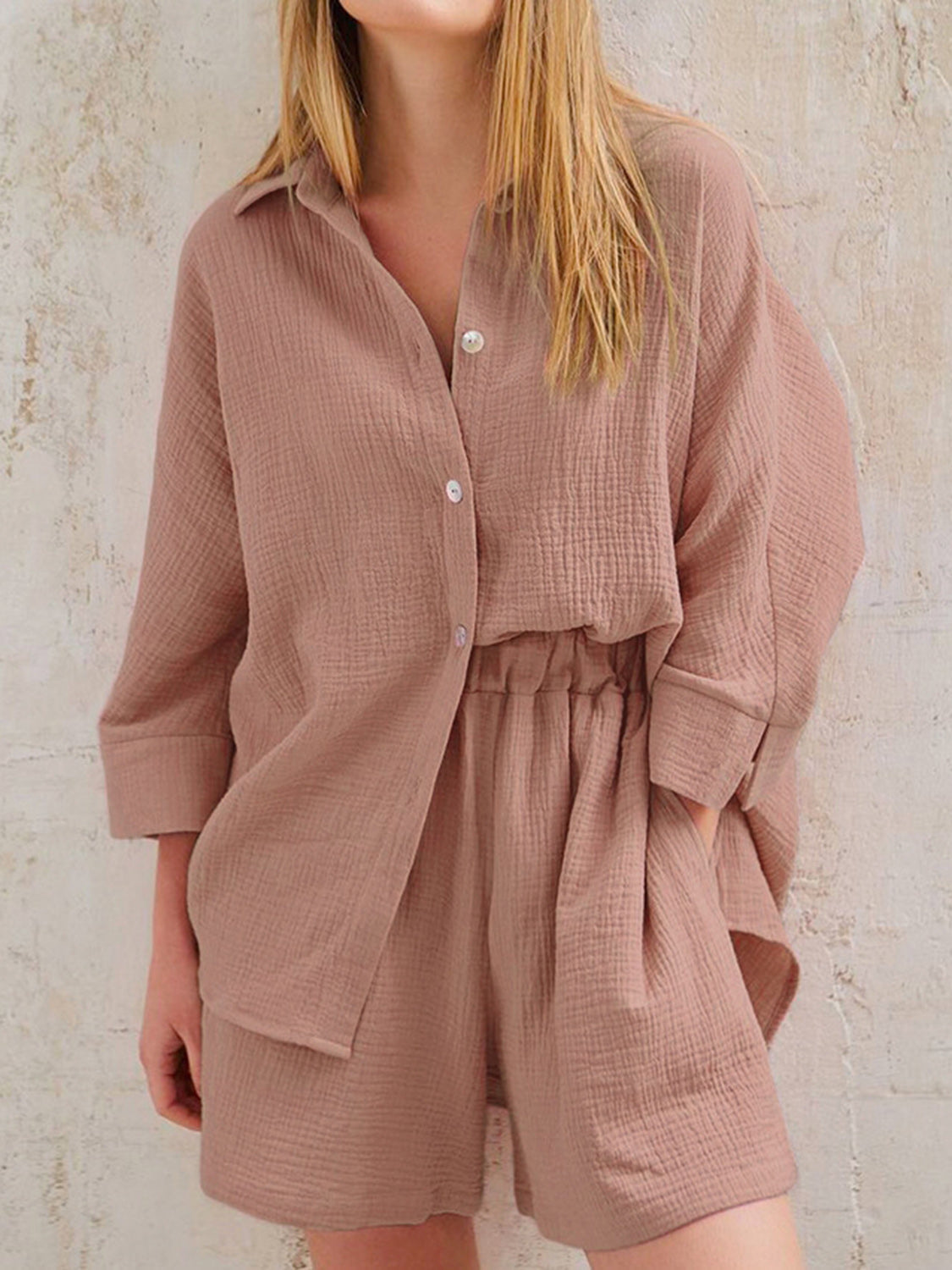 Texture Button Up Shirt and Shorts Set - AllIn Computer