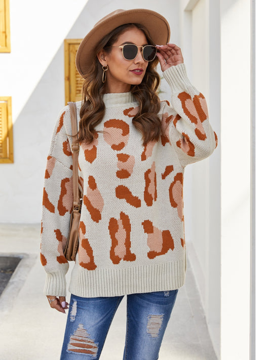 Leopard Mock Neck Dropped Shoulder Sweater - AllIn Computer