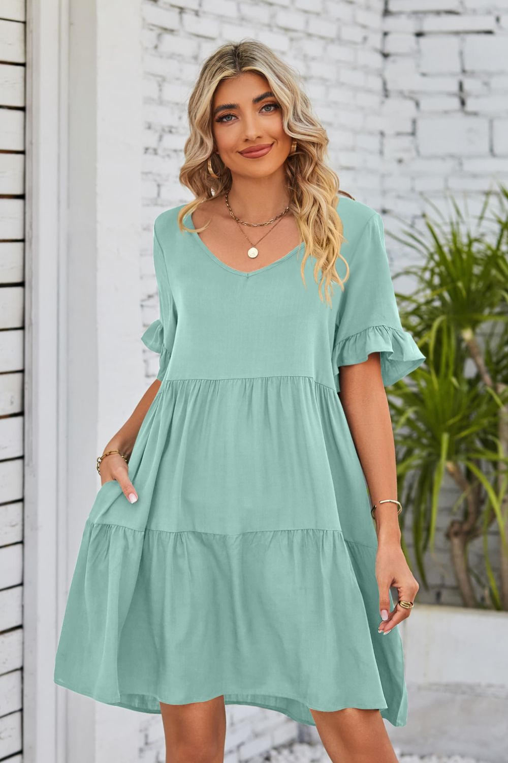 V-Neck Flounce Sleeve Tiered Dress - AllIn Computer