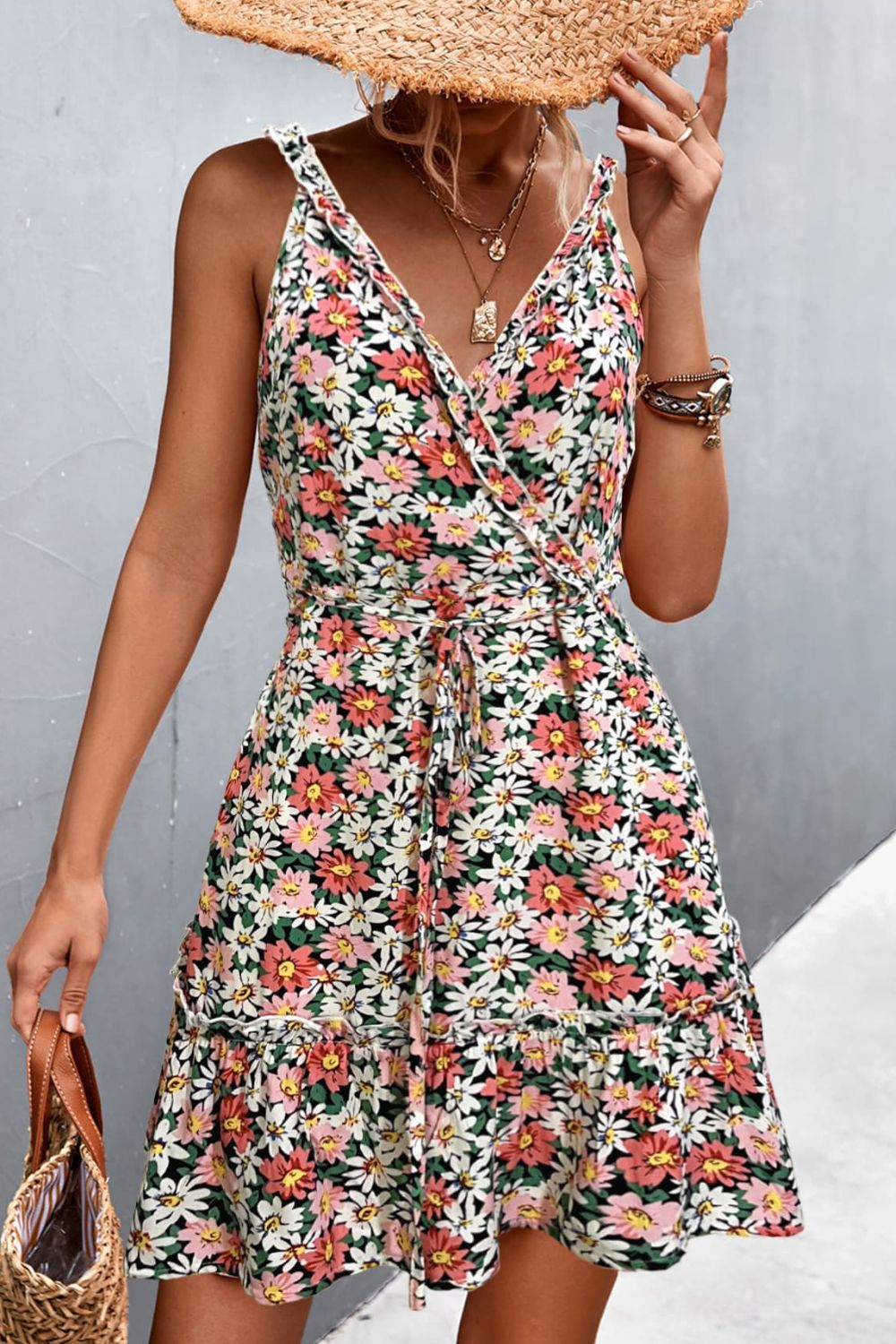 Floral Frill Trim Sleeveless Mini Dress - AllIn Computer