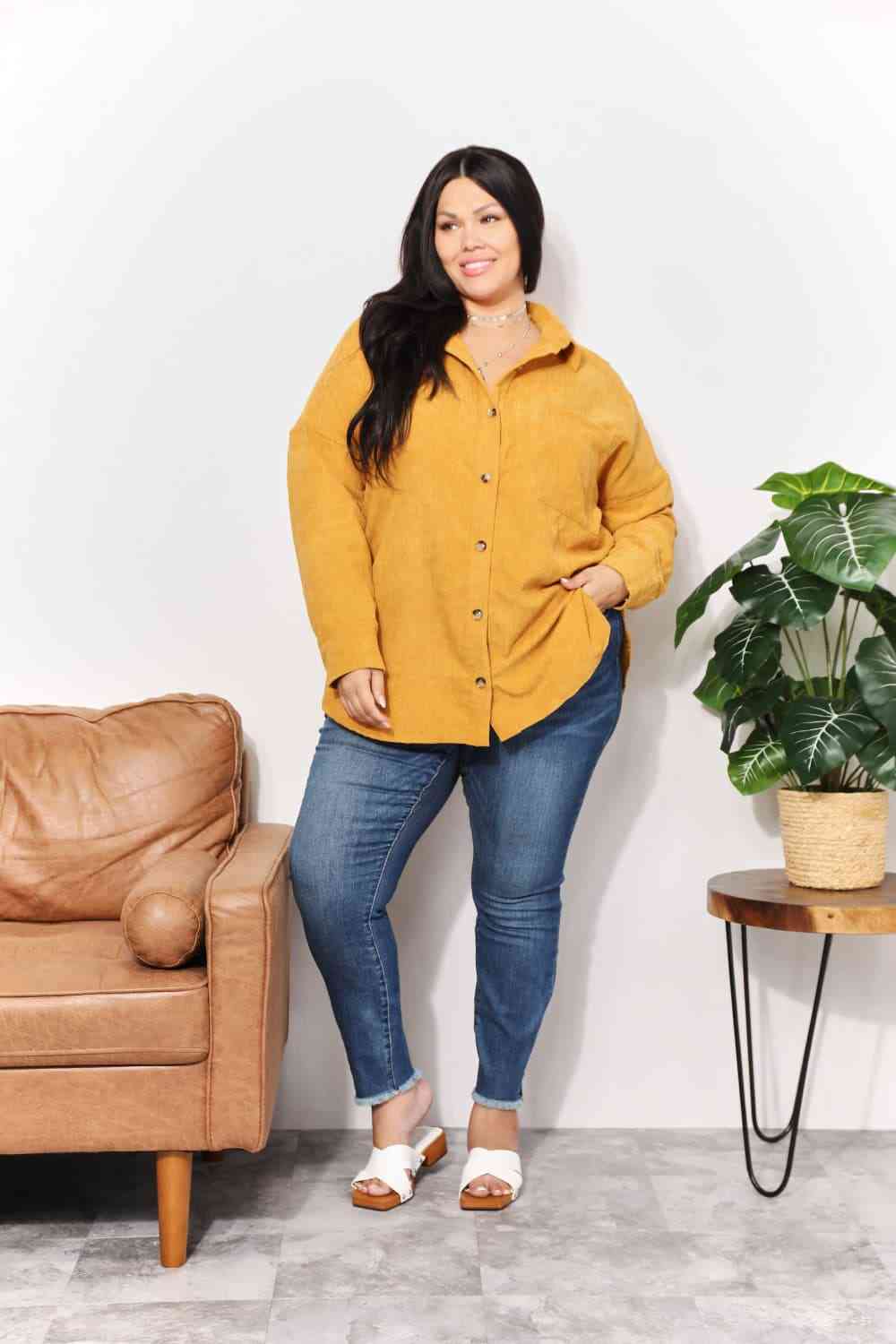 HEYSON Full Size Oversized Corduroy  Button-Down Tunic Shirt with Bust Pocket - AllIn Computer