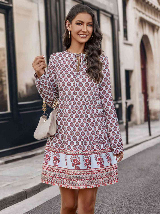 Printed Tie Neck Long Sleeve Dress - AllIn Computer