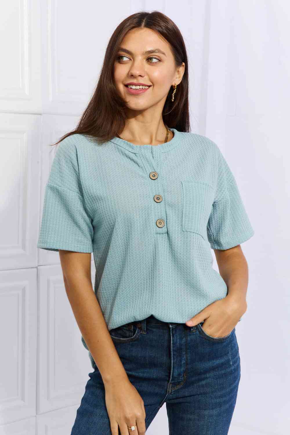 Heimish Made For You Full Size 1/4 Button Down Waffle Top in Blue - AllIn Computer
