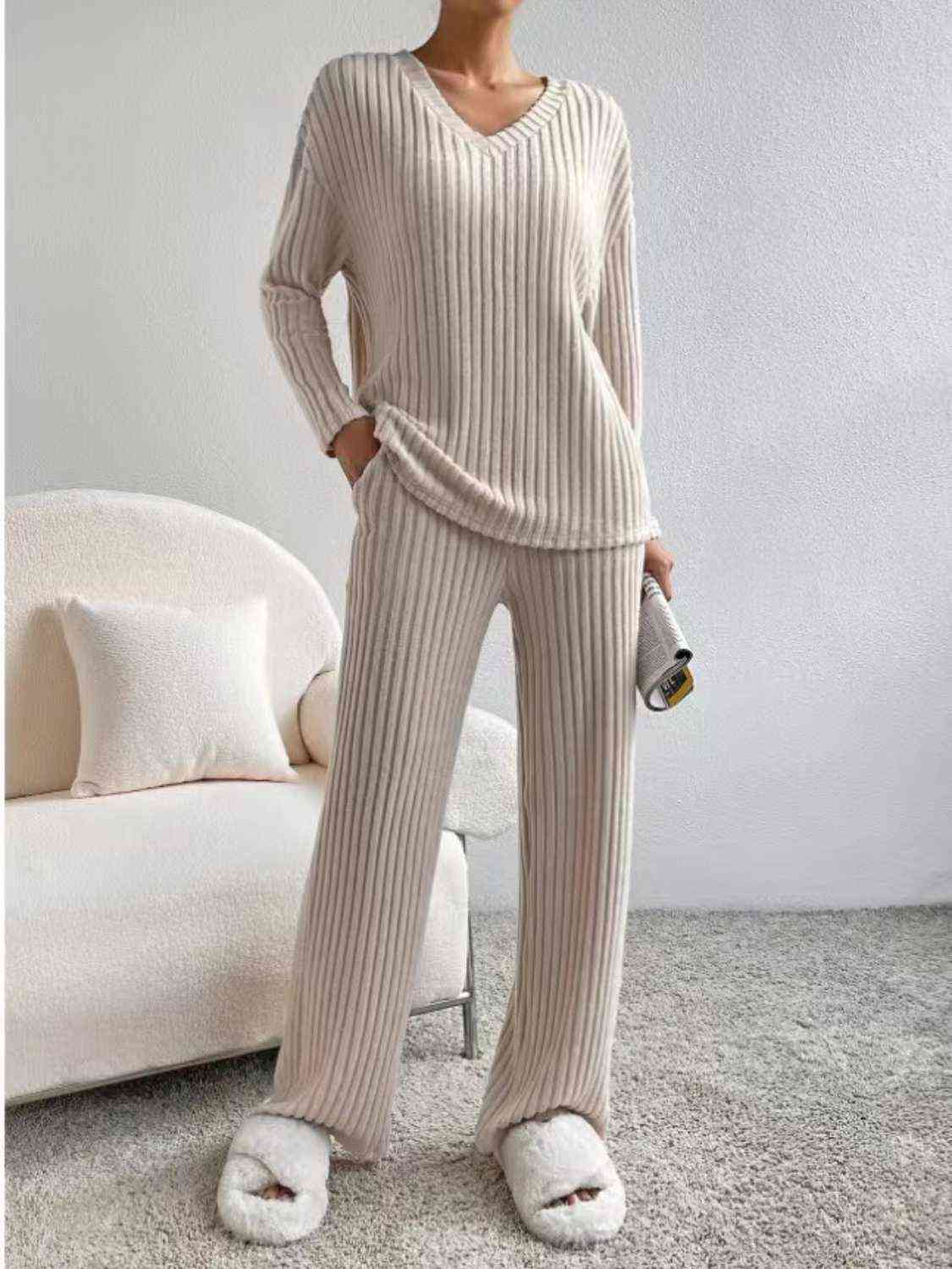 Ribbed V-Neck Long Sleeve Top and Pants Set - AllIn Computer