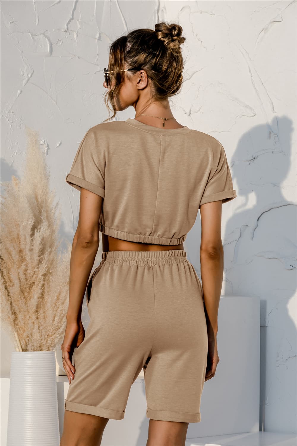 Short Sleeve Cropped Top and Drawstring Shorts Lounge Set - AllIn Computer