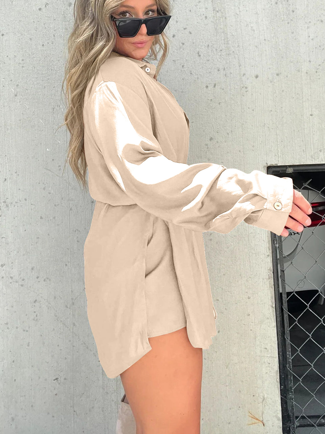 Button Up Long Sleeve Slit Shirt and Shorts Set - AllIn Computer
