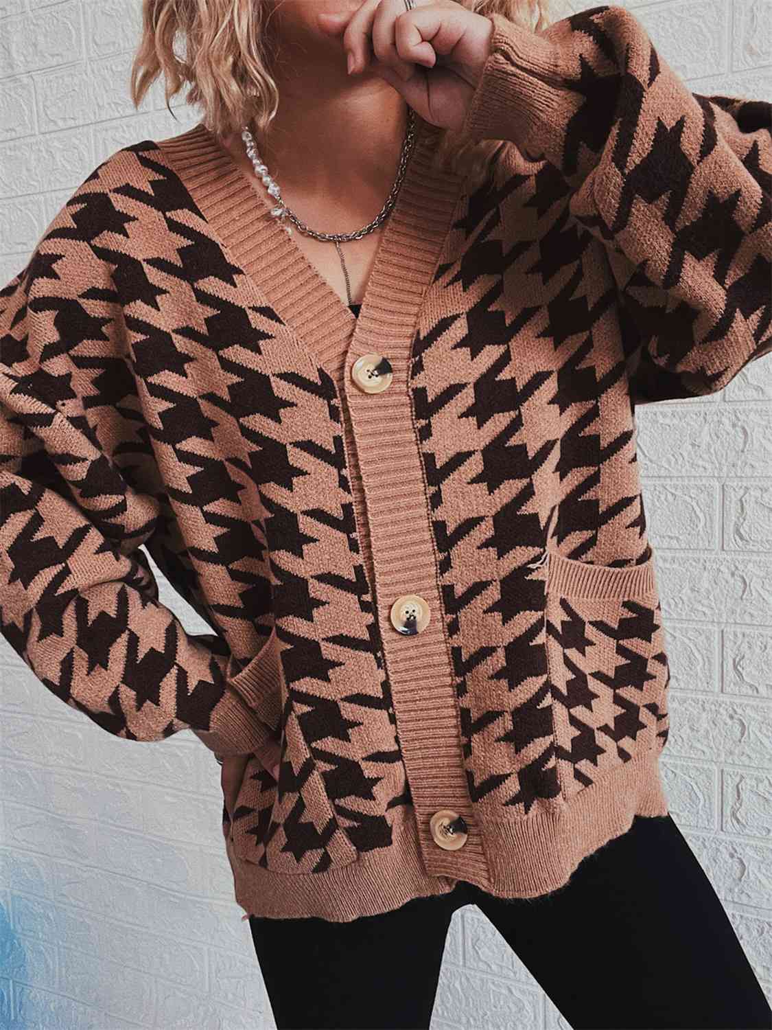 Houndstooth Botton Front  Cardigan with Pockets - AllIn Computer
