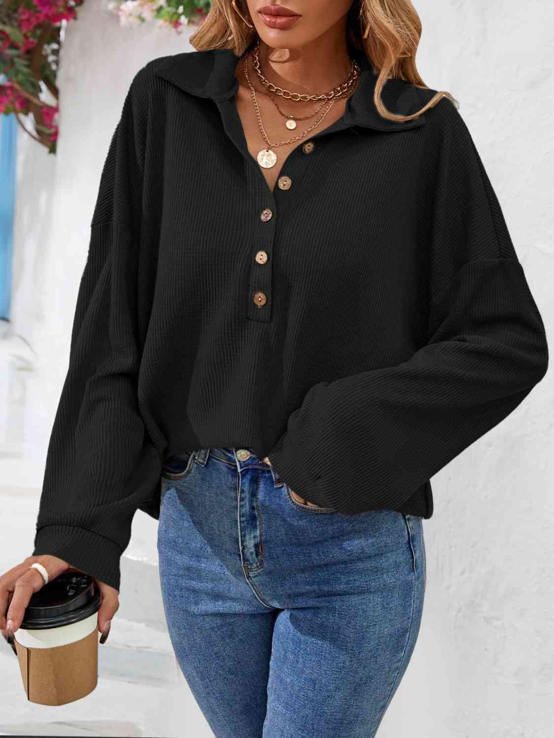 Half Button Collared Neck Long Sleeve Top - AllIn Computer