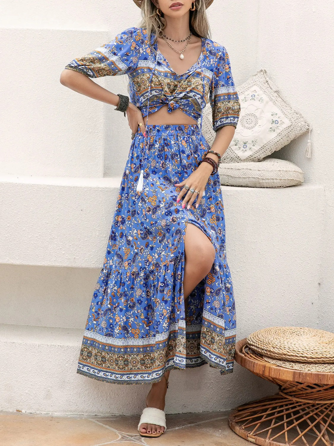 Ditsy Floral Tie Neck Top and Slit Skirt Set - AllIn Computer