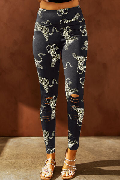 Animal Printed Distressed High Waist Leggings - AllIn Computer