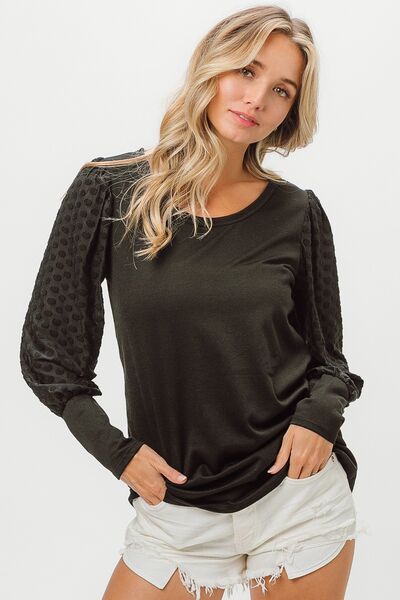 BiBi Round Neck Polka Dot Lantern Sleeve Top - AllIn Computer