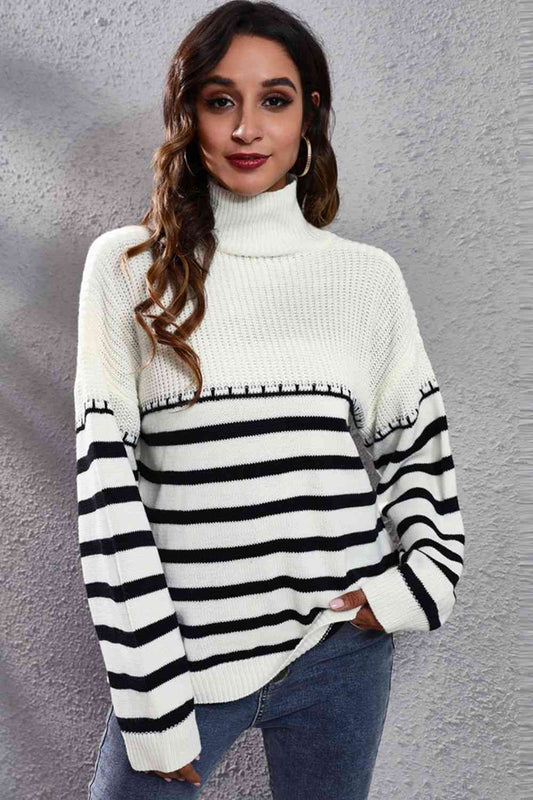 Striped Turtleneck Drop Shoulder Sweater - AllIn Computer