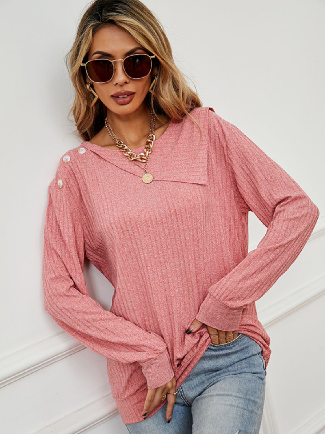 Asymmetrical Round Neck Buttoned Dropped Shoulder Tee - AllIn Computer