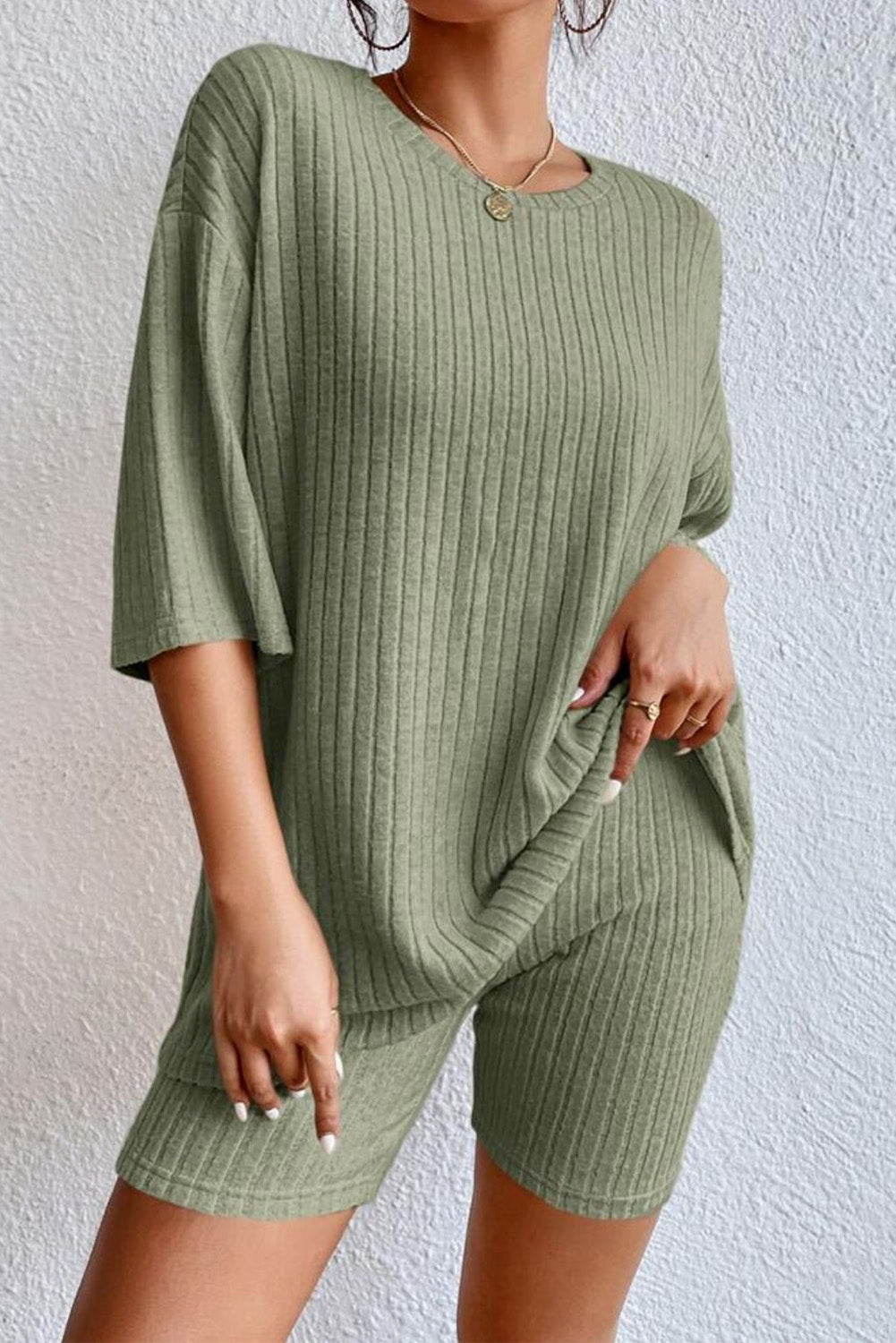 Round Neck Ribbed Top and Shorts Lounge Set - AllIn Computer