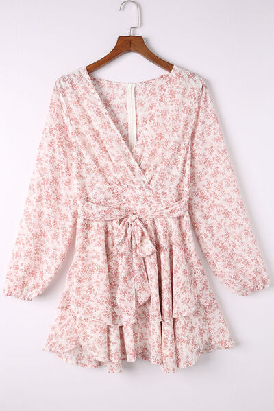 Floral Surplice Balloon Sleeve Layered Dress - AllIn Computer