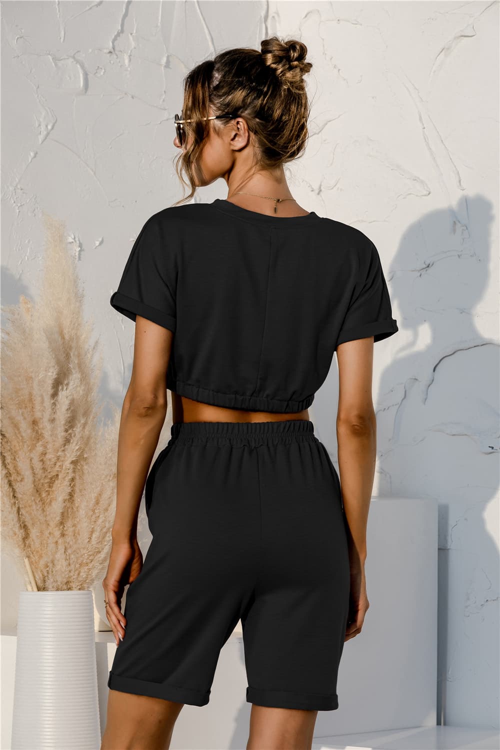 Short Sleeve Cropped Top and Drawstring Shorts Lounge Set - AllIn Computer