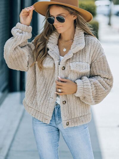 Fuzzy Button Up Collared Neck Jacket - AllIn Computer
