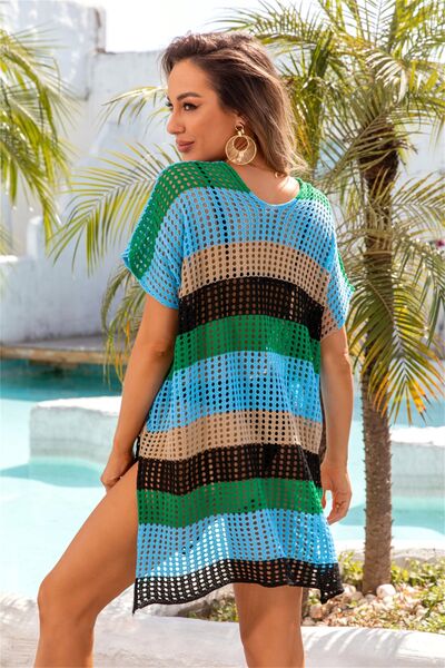 Openwork Striped V-Neck Short Sleeve Cover Up - AllIn Computer