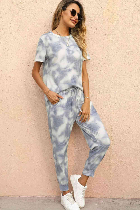 Tie-Dye Round Neck Short Sleeve Top and Pants Set - AllIn Computer