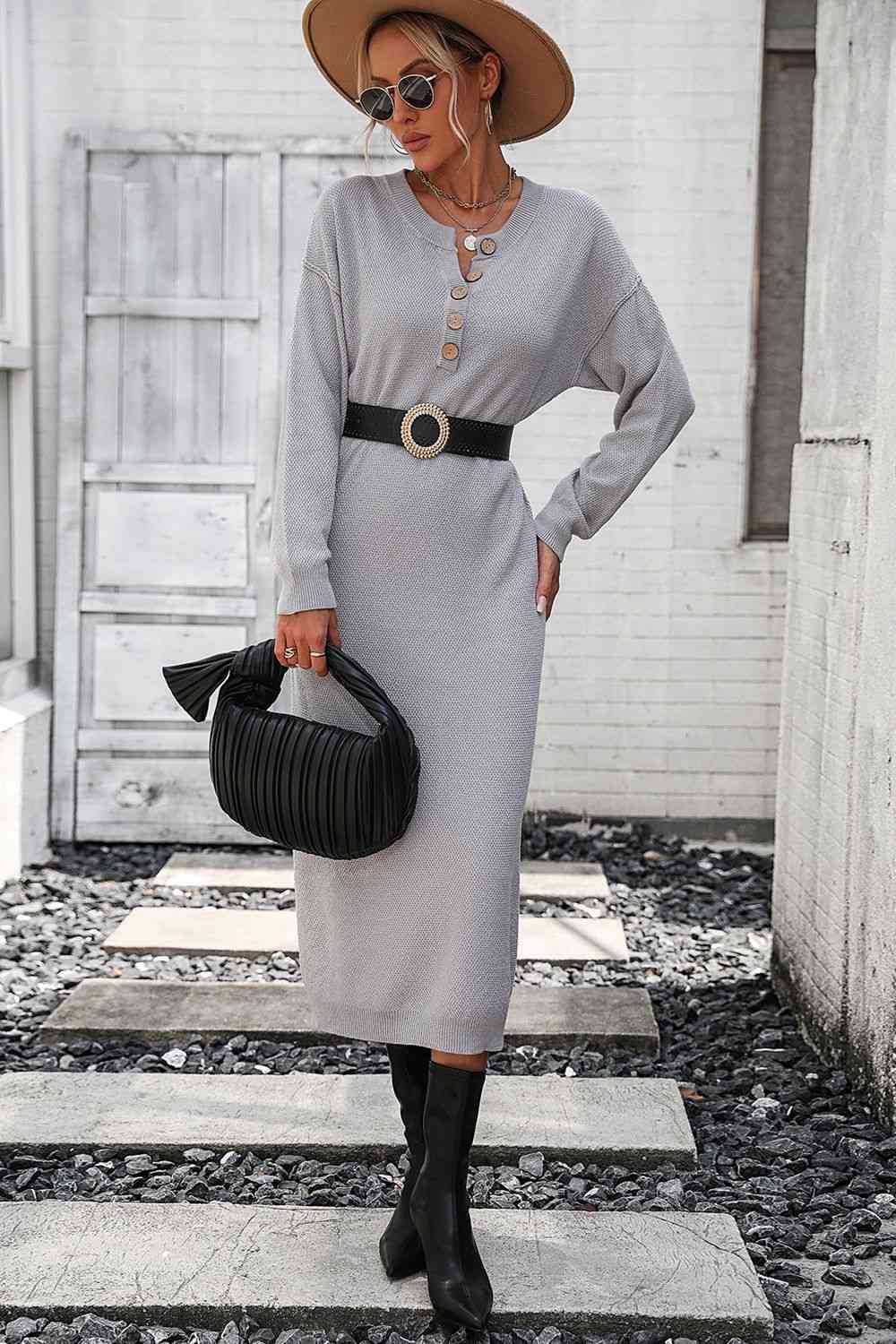 Notched Neck Dropped Shoulder Button-Down Midi Dress - AllIn Computer