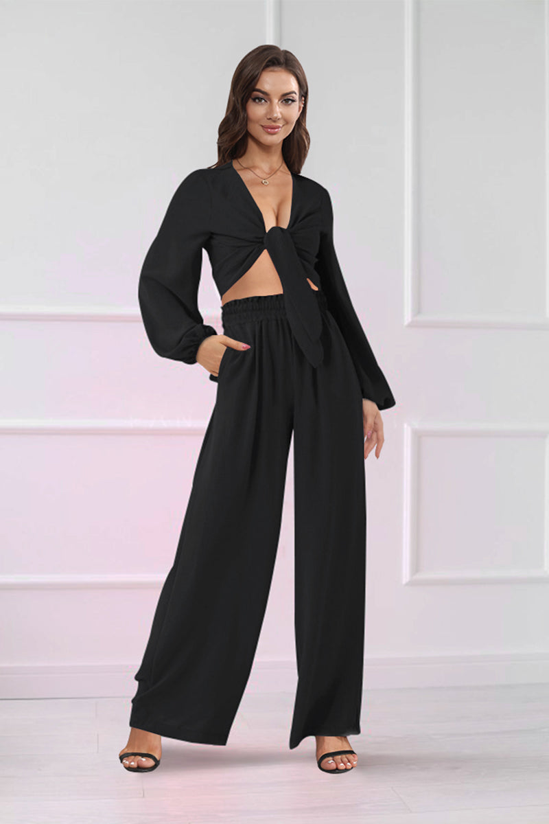 Cutout Long Sleeve Top and Wide Leg Pants Set - AllIn Computer