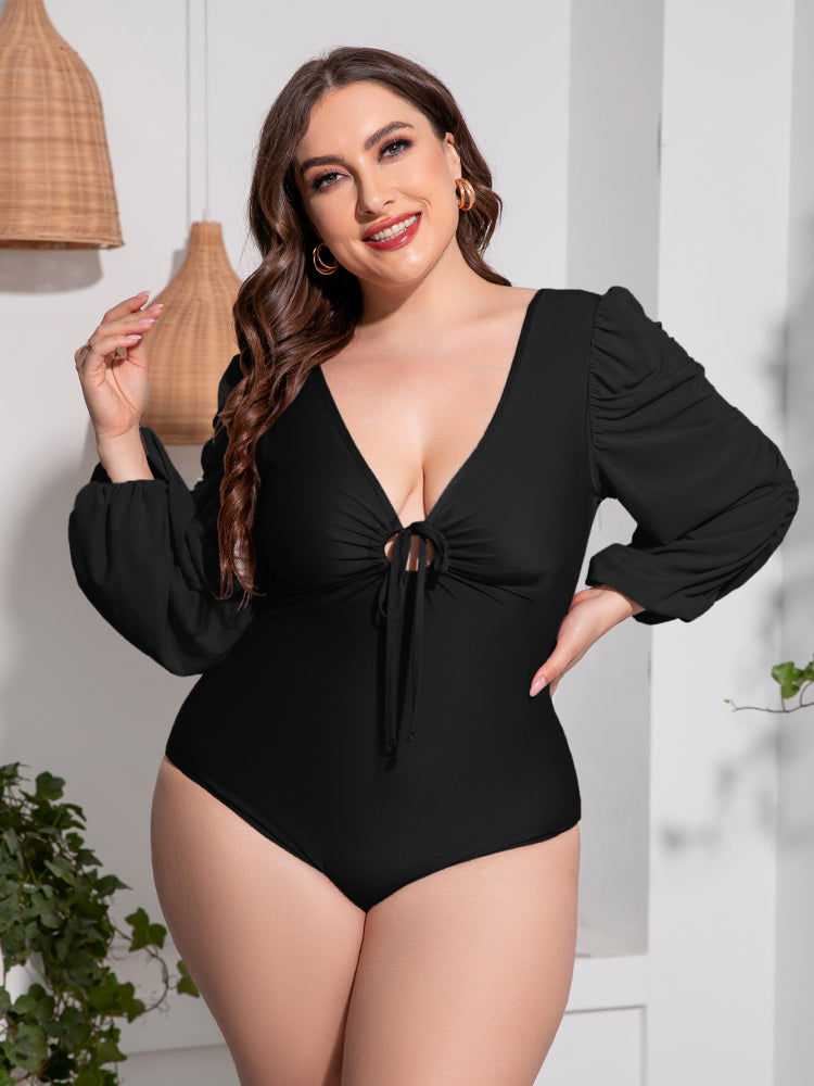 Plus Size Tied Deep V Balloon Sleeve One-Piece Swimsuit - AllIn Computer