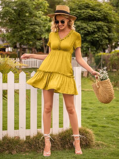 Frill V-Neck Short Sleeve Ruffle Hem Dress - AllIn Computer