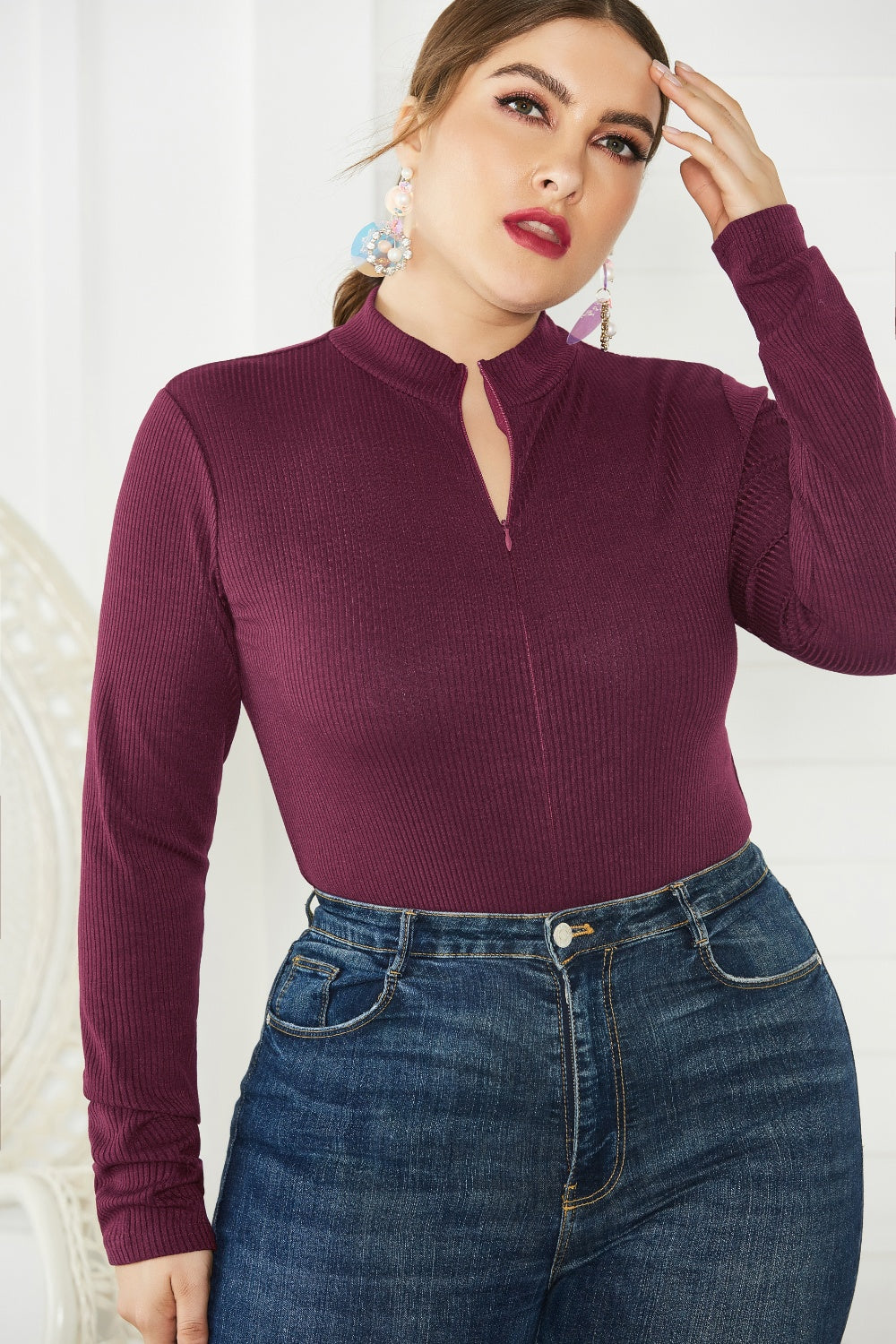 Plus Size Zip Up Long Sleeve Bodysuit - AllIn Computer