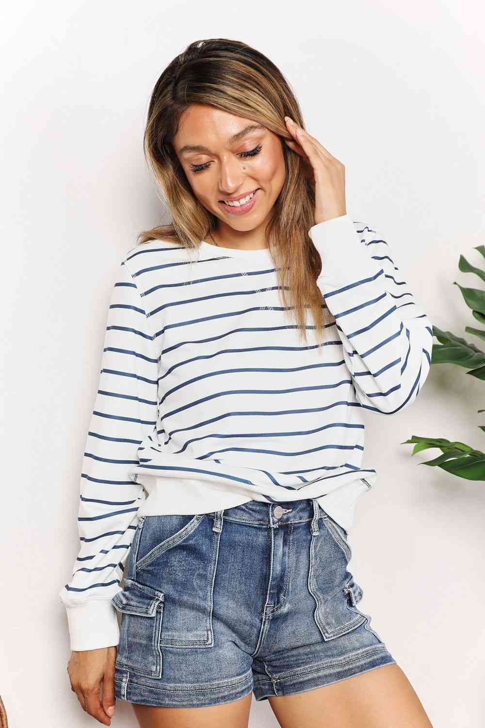 Double Take Striped Long Sleeve Round Neck Top - AllIn Computer