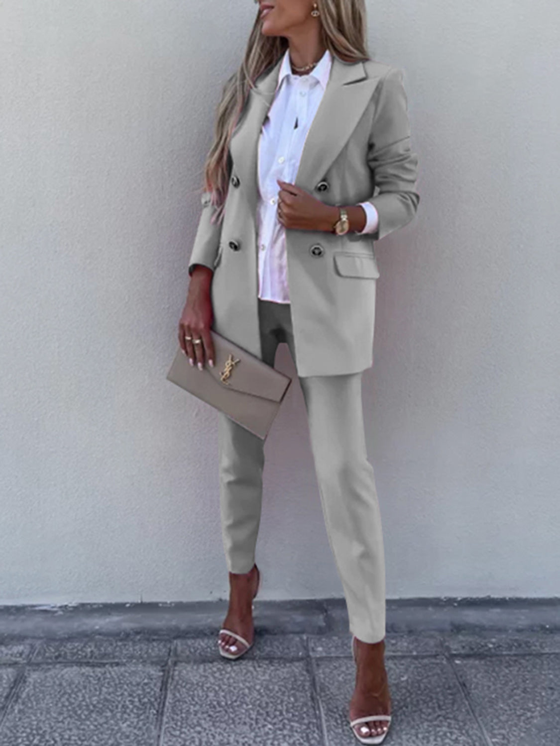 Lapel Collar Long Sleeve Blazer and Pants Set - AllIn Computer