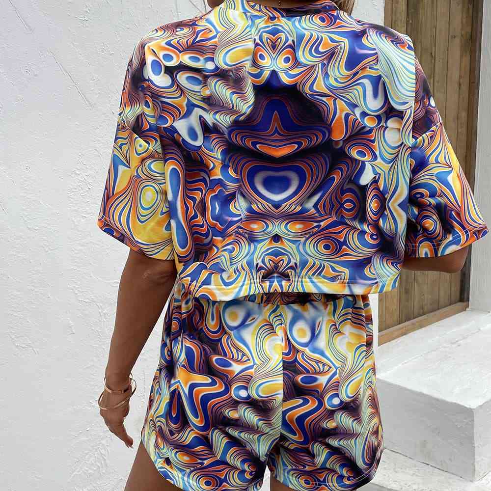 Printed Round Neck Dropped Shoulder Half Sleeve Top and Shorts Set - AllIn Computer