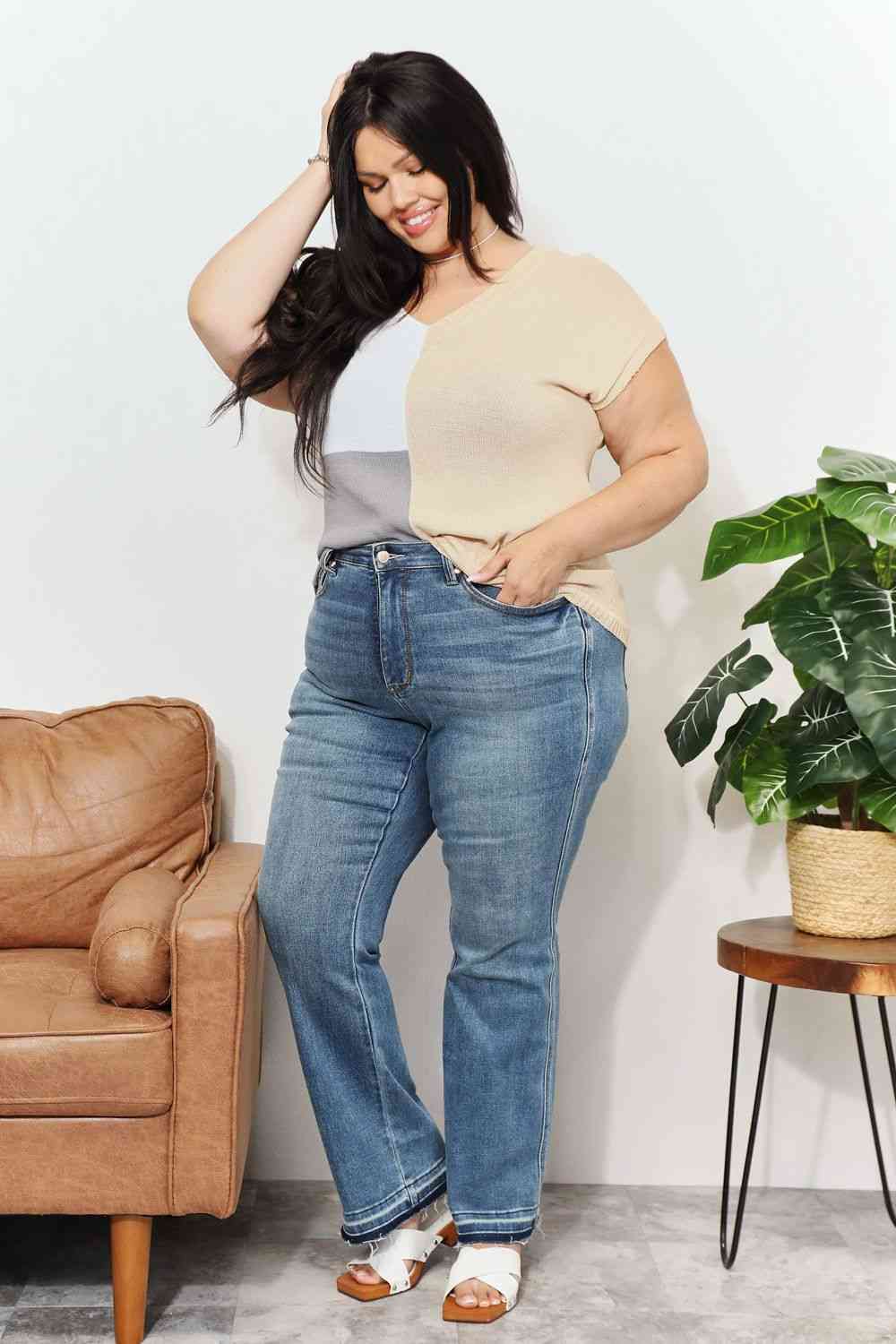Double Take Color Block V-Neck Knit Top - AllIn Computer