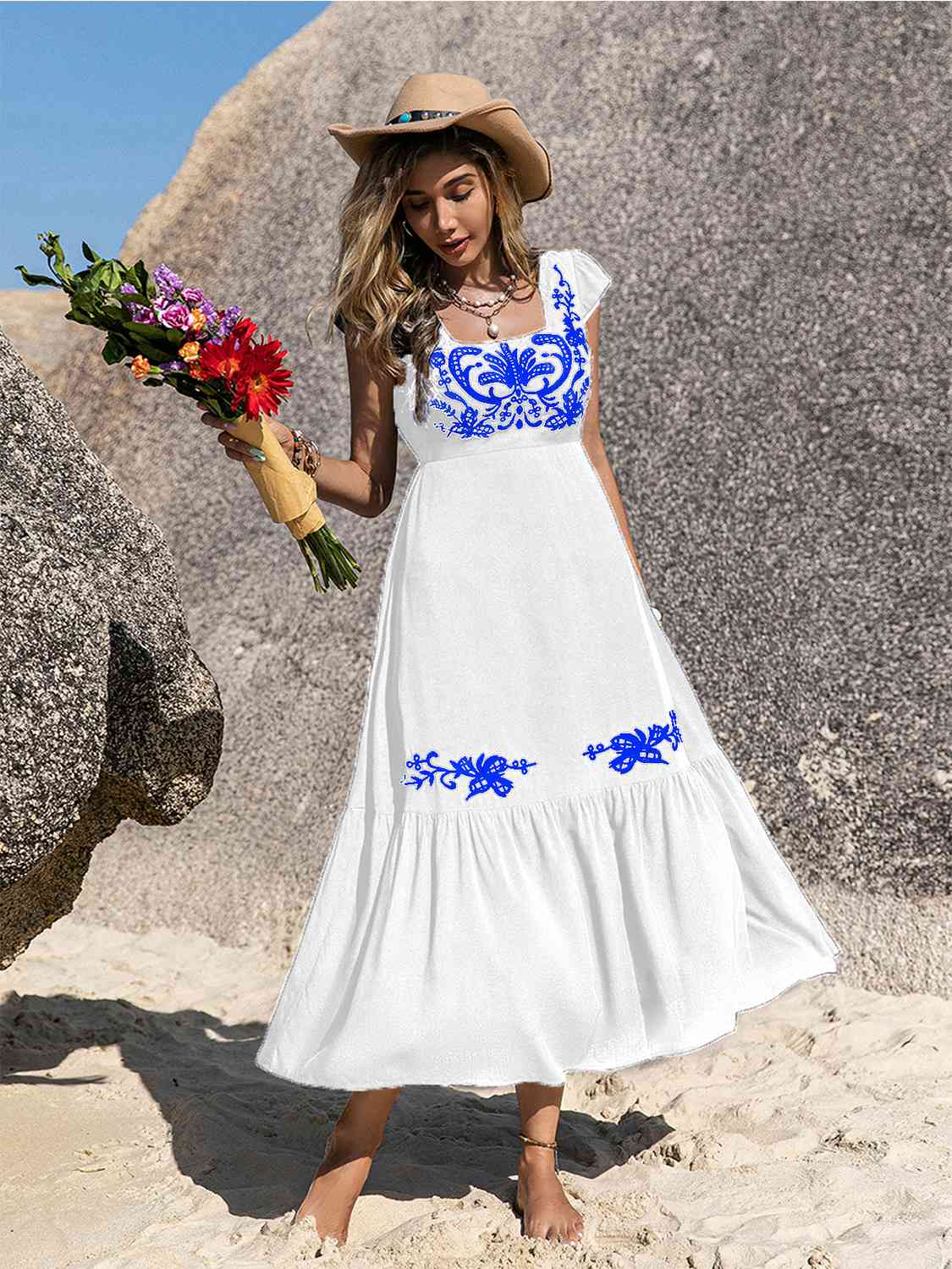 Embroidered Square Neck Ruffle Hem Dress - AllIn Computer