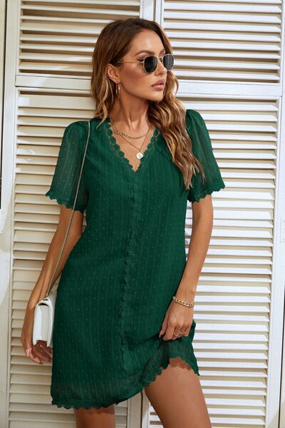 Lace Detail V-Neck Short Sleeve Dress - AllIn Computer