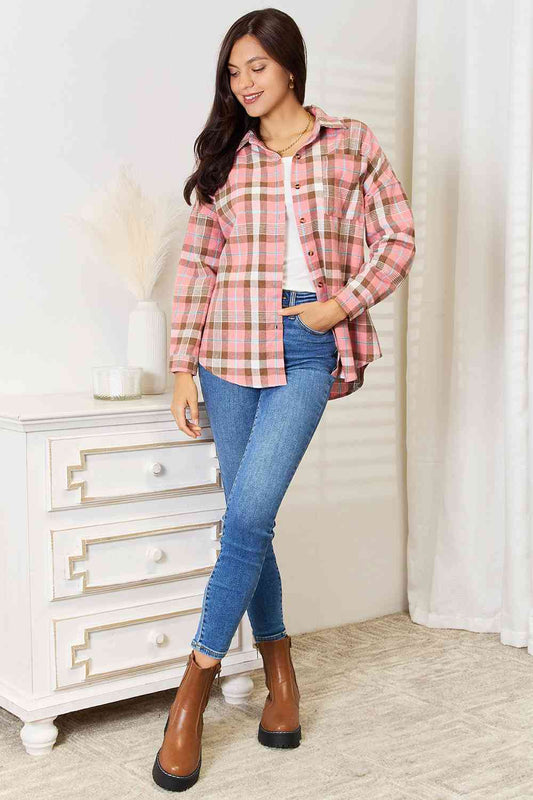 Double Take Plaid Collared Neck Long Sleeve Button-Up Shirt - AllIn Computer