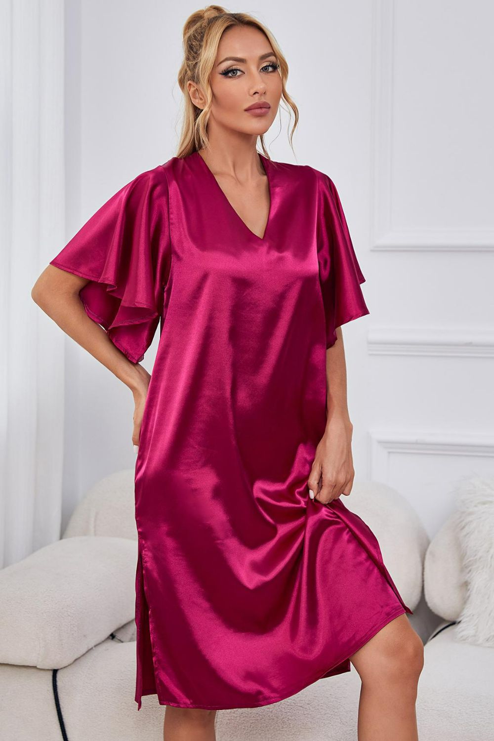 Satin Flutter Sleeve Side Slit V-Neck Night Dress - AllIn Computer