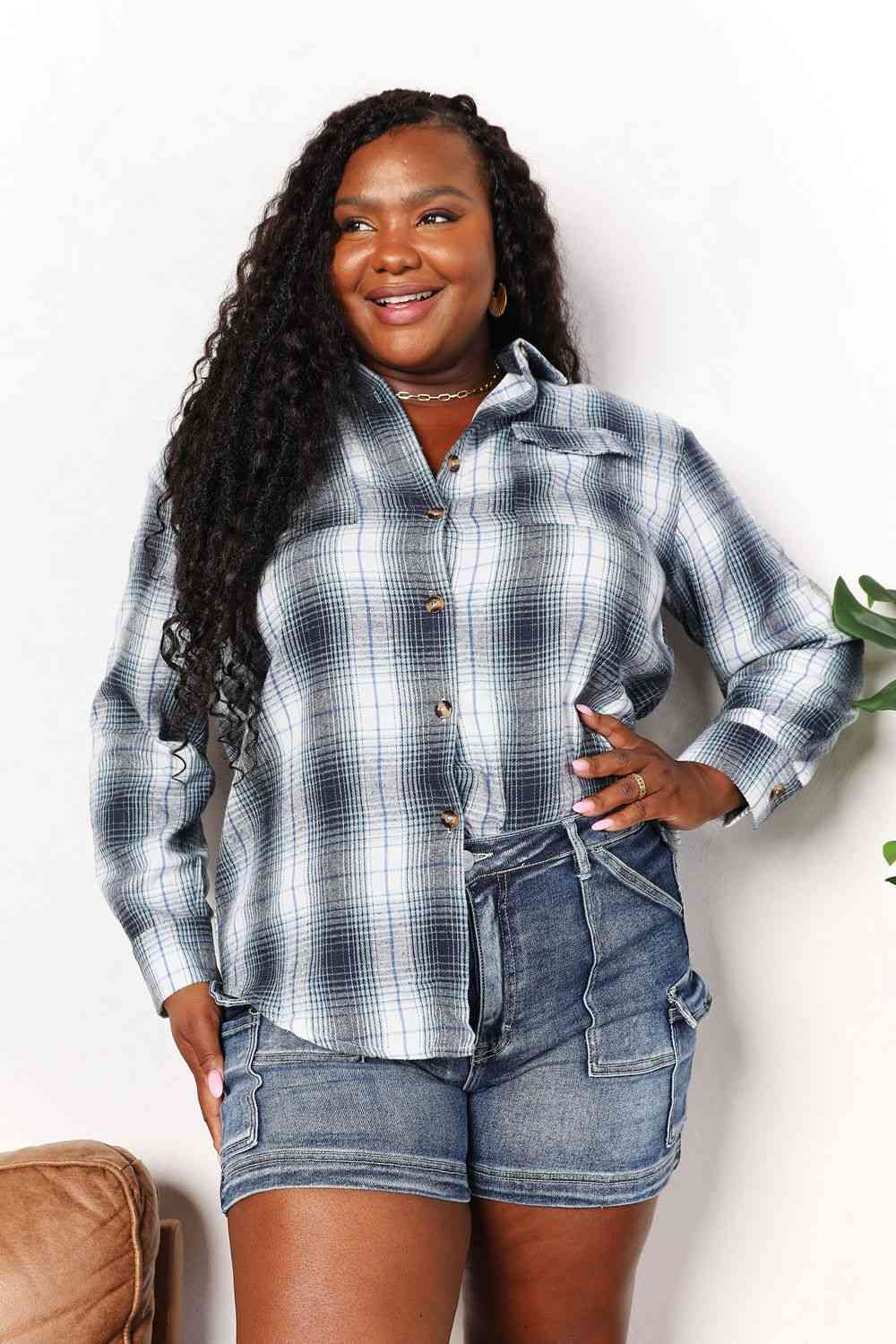 Double Take Plaid Dropped Shoulder Shirt - AllIn Computer